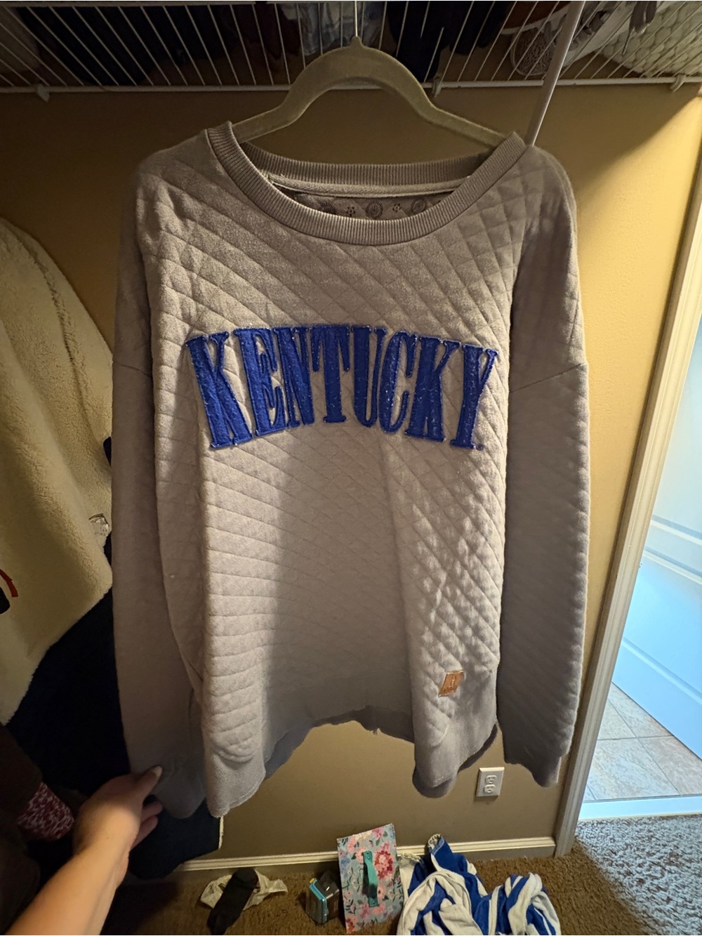 Pressbox Gray Quilted 'Kentucky' Sweatshirt with Blue Appliqué